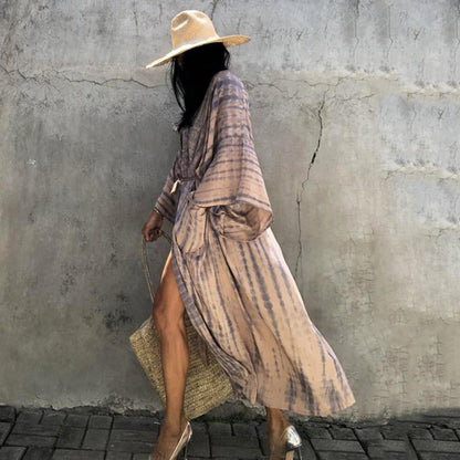 Traje de baño de bikini de playa de manga larga holgado con estampado para mujer, traje de baño informal para vacaciones