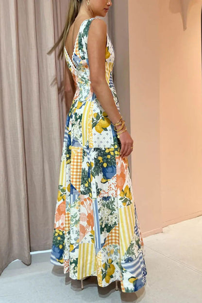 Fashion Boho Women Elegant Graphic Print Deep V Neck Sleeveless Casual Maxi Dress