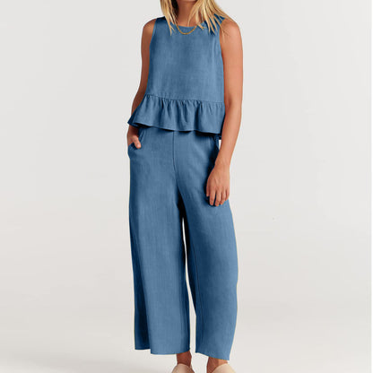 Conjunto de pantalón holgado sin mangas con volantes informales de color liso para mujer