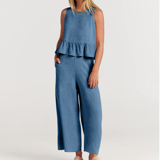 Conjunto de pantalón holgado sin mangas con volantes informales de color liso para mujer