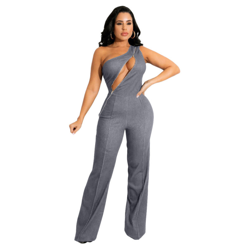 Women Elegant Night Out Fashion Casual Zipper Solid Color Sleevelsss Oblique Shoulder Jumpsuits