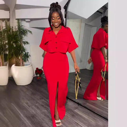 Conjunto de dos piezas formado por camisa y falda con abertura y manga corta, informal, de verano, para mujer