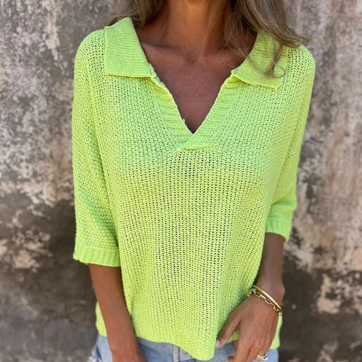 Camiseta de punto de manga larga con solapa de color liso informal para mujer