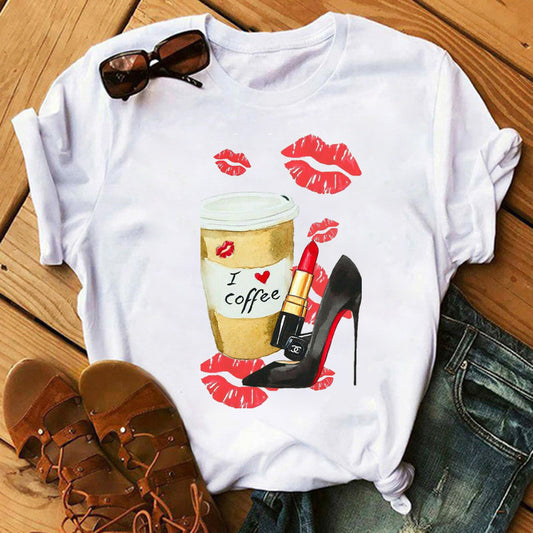 Camiseta informal de manga corta con cuello redondo y estampado de labios para mujer
