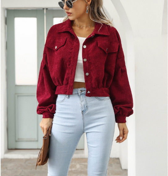 Women Fashion Casual Solid Color Corduroy Single-Breasted Sleeve Lantern Jacket