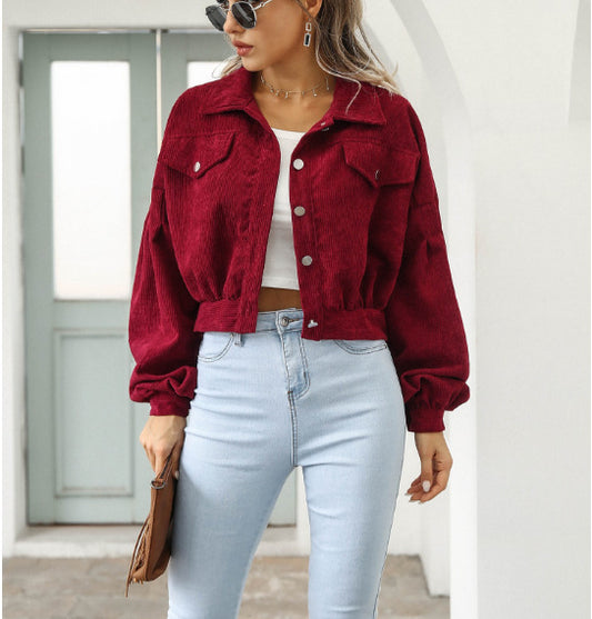 Chaqueta informal de pana de color liso con mangas abullonadas y botones para mujer