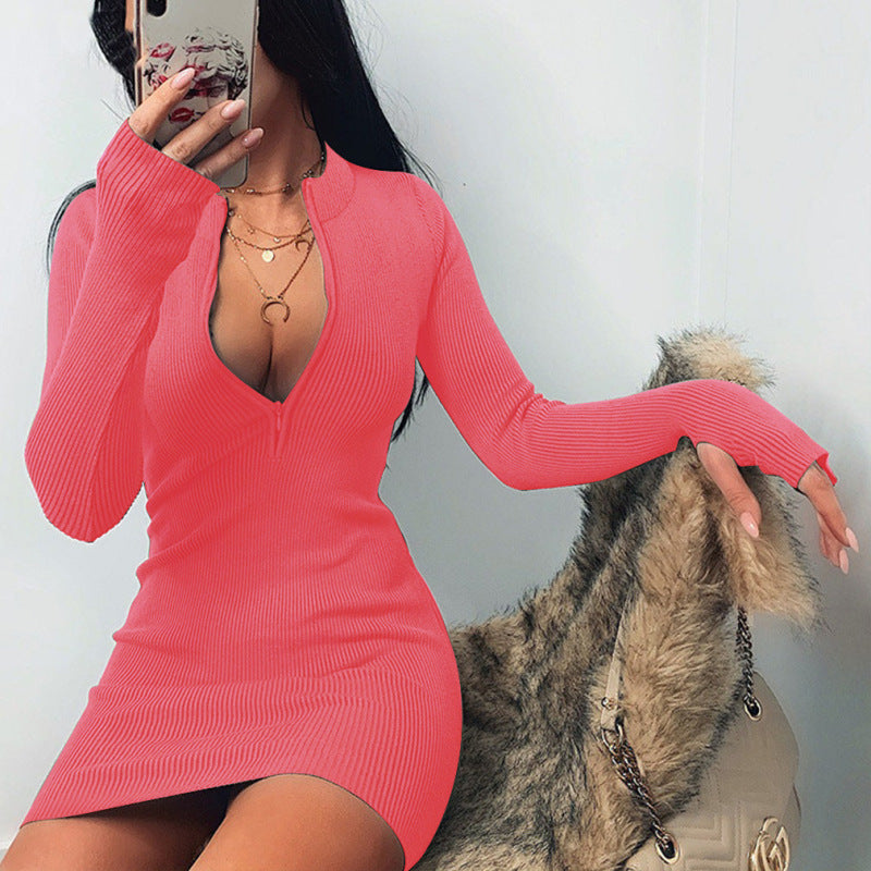 Women'S Fashion Casual Rib-Knit Zipper Slim-Fit Long Sleeve Dress