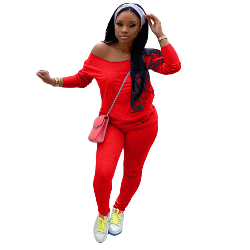 Conjunto deportivo básico de moda para mujer, color liso, manga larga, informal, top y pantalón sin pañuelo