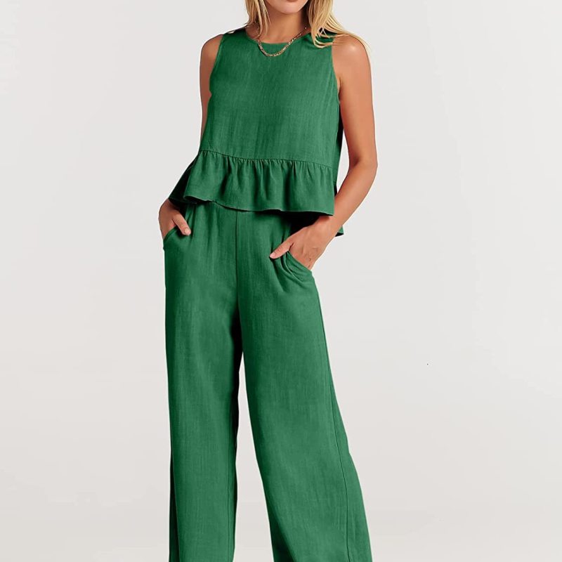 Conjunto de dos piezas de top informal sin mangas y pantalón ancho para mujer