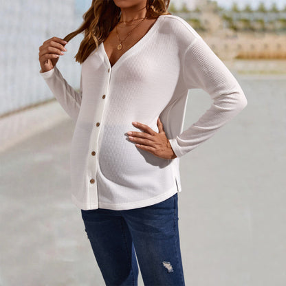 Blusa informal de manga larga con botones en V profundo de color liso para embarazadas