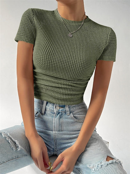 Women Fashion Casual Round Neck Knitted Short Sleeve Top