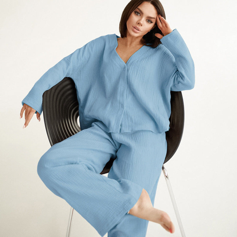 Conjunto de pijama de dos piezas para mujer, informal, holgado, de algodón, color liso, blusa y pantalones para el hogar