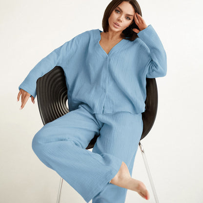 Conjunto de pijama de dos piezas para mujer, informal, holgado, de algodón, color liso, blusa y pantalones para el hogar