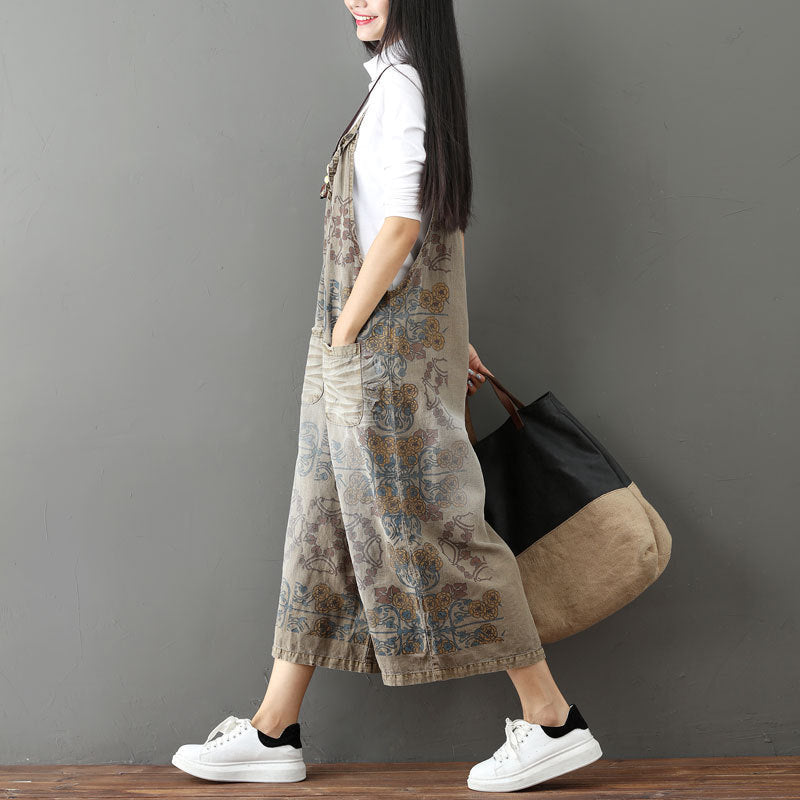 Women Fashion Casual Floral Printed Wide-Leg Denim Jumpsuit