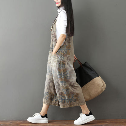 Women Fashion Casual Floral Printed Wide-Leg Denim Jumpsuit