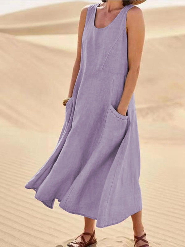 Summer Women Casual Solid Color Sleeveless Round Neck Pocket Cotton Linen Dress