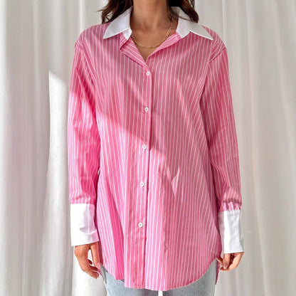 Blusa holgada informal de manga larga con solapa y rayas de colores contrastantes para mujer