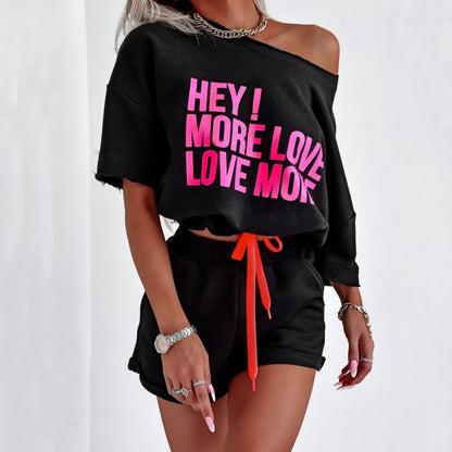 Women Fashion Sport Casual Alphabet Print Round Neck Lace-Up Crop Top And Shorts Set