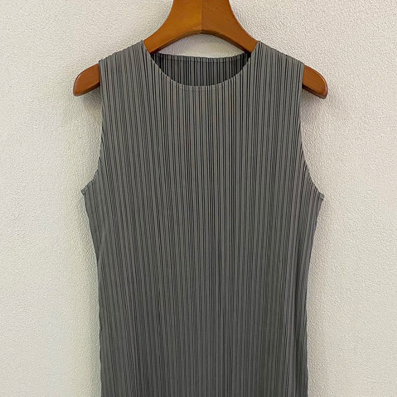 Vestido largo minimalista informal de color liso, suave, sin mangas, con cuello redondo y pliegues para mujer