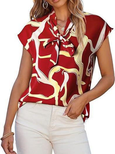 Blusa informal de verano con estampado gráfico y lazo de cinta, cuello en V y manga corta para mujer