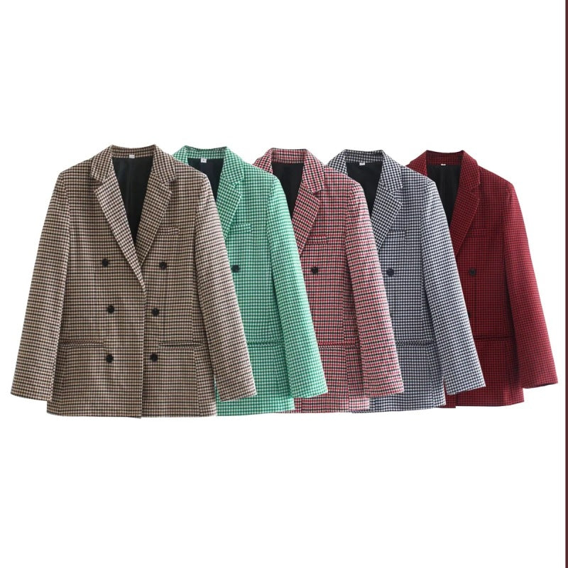 Blazer retro informal de manga larga a cuadros con botonadura sencilla para mujer