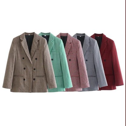 Blazer retro informal de manga larga a cuadros con botonadura sencilla para mujer