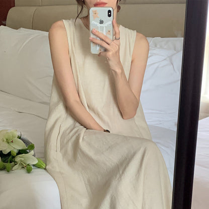 Women Fashion Minimalist Casual Solid Color Round Neck Sleeveless Dress