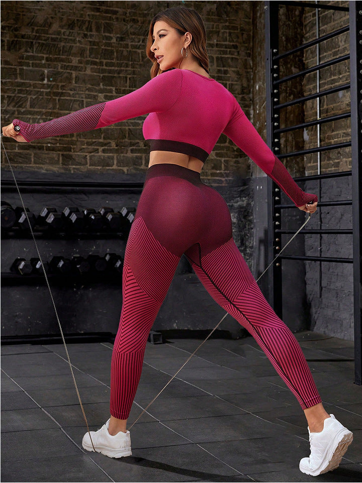 Conjunto de dos piezas para mujer, deportivo, informal, de yoga, de secado rápido, con camiseta de manga larga y pantalones ajustados