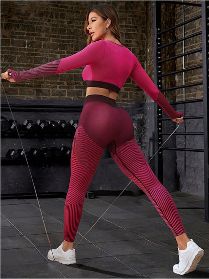 Conjunto de dos piezas para mujer, deportivo, informal, de yoga, de secado rápido, con camiseta de manga larga y pantalones ajustados