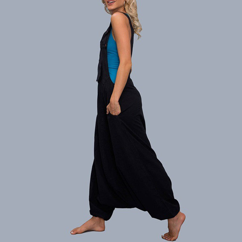 Women Loose Casual Edgy Sleeveless Pockets Solid Color Wide Legs Jumpsuits Overalls