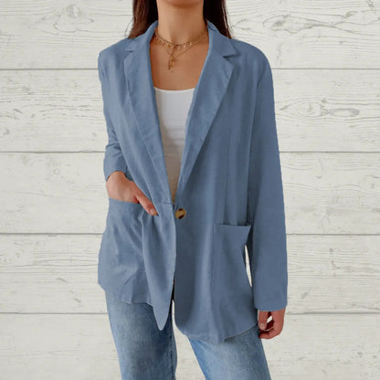 Women Casual Solid Color Cotton And Linen Lapel Button Blazer