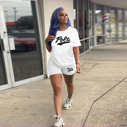 Conjunto de 2 piezas de pantalones cortos ajustados de manga corta con cuello redondo y estampado de letras de color sólido para mujer