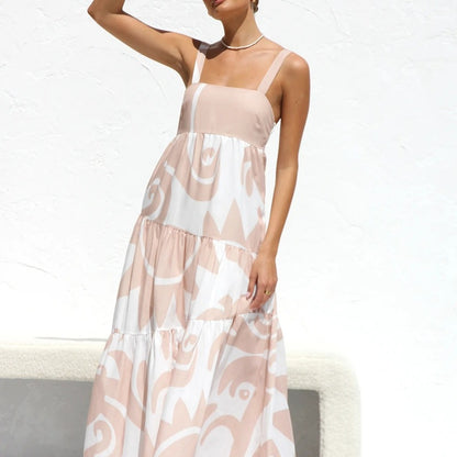 Summer Vacation Spring And Summer Women Boho Printing Fashion Strap Large Swing Casual Maxi Dress