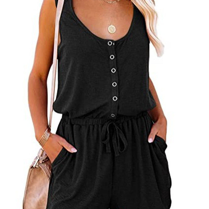 Summer Women Fashion Casual Solid Color Sleeveless Defined Waist Lace-Up Rompers