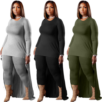 Conjunto de dos piezas formado por top y pantalón de manga larga, informal, talla grande, color liso, irregular, para mujer