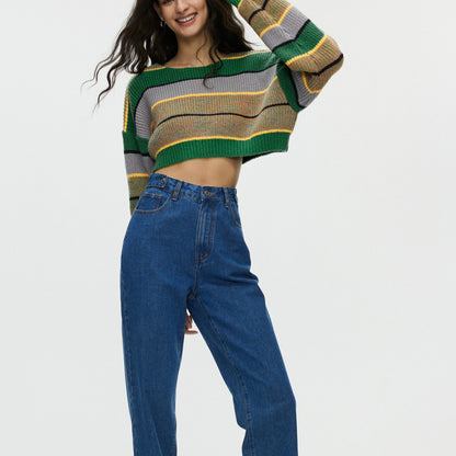 Winter Women Casual Stripe Colorblock Loose Knit Sweater