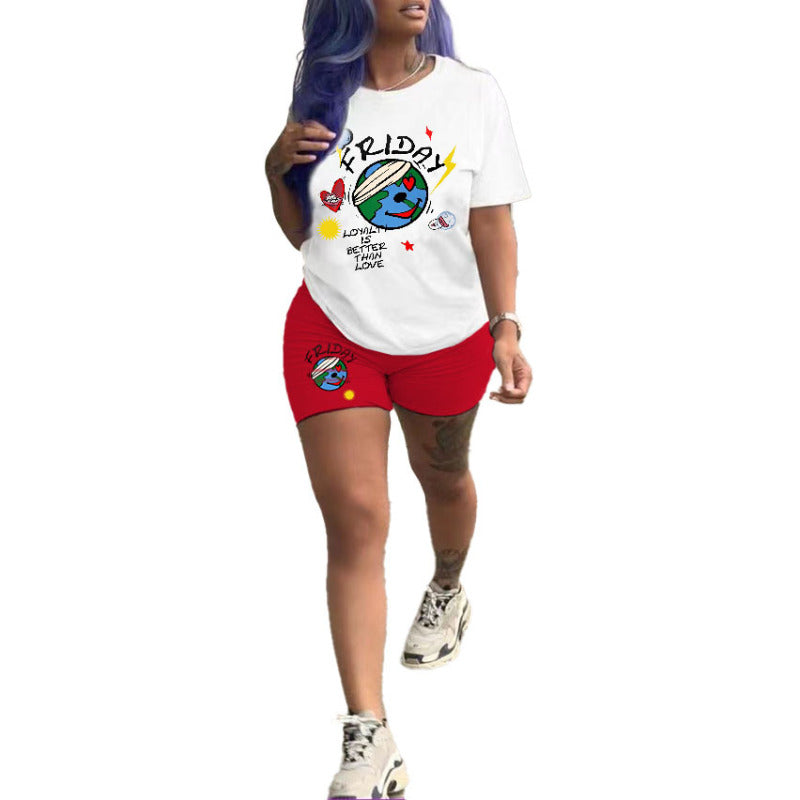 Conjunto de dos piezas informal de moda para mujer con camiseta de manga corta y pantalones cortos ajustados con estampado de letras de la Tierra