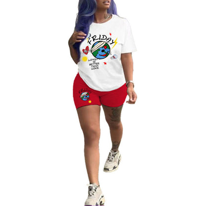 Conjunto de dos piezas informal de moda para mujer con camiseta de manga corta y pantalones cortos ajustados con estampado de letras de la Tierra