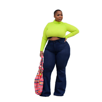 Vaqueros casuales de pierna ancha de color liso para mujer, tallas grandes