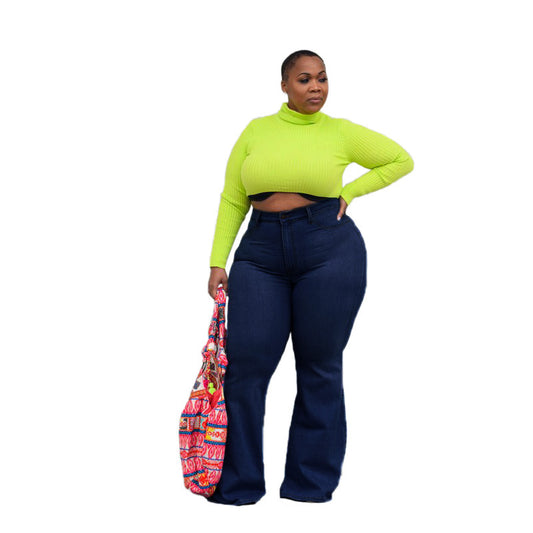 Vaqueros casuales de pierna ancha de color liso para mujer, tallas grandes