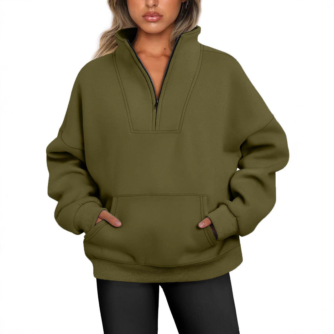 Women Casual Loose Solid Color Pocket Zipper Sweatshirt