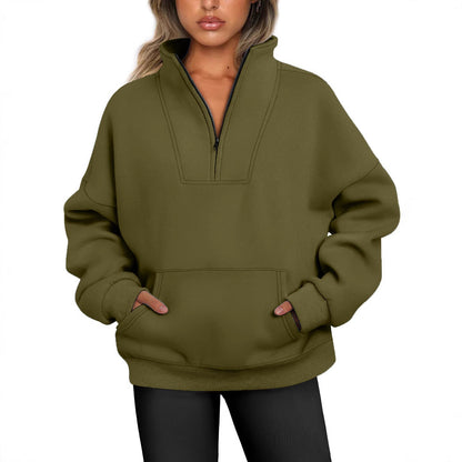 Women Casual Loose Solid Color Pocket Zipper Sweatshirt