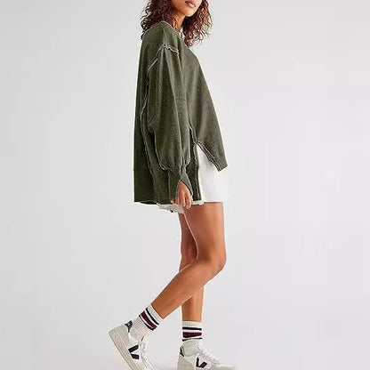 Women Fashion Casual Solid Color Round Neck Split Sweatshirt