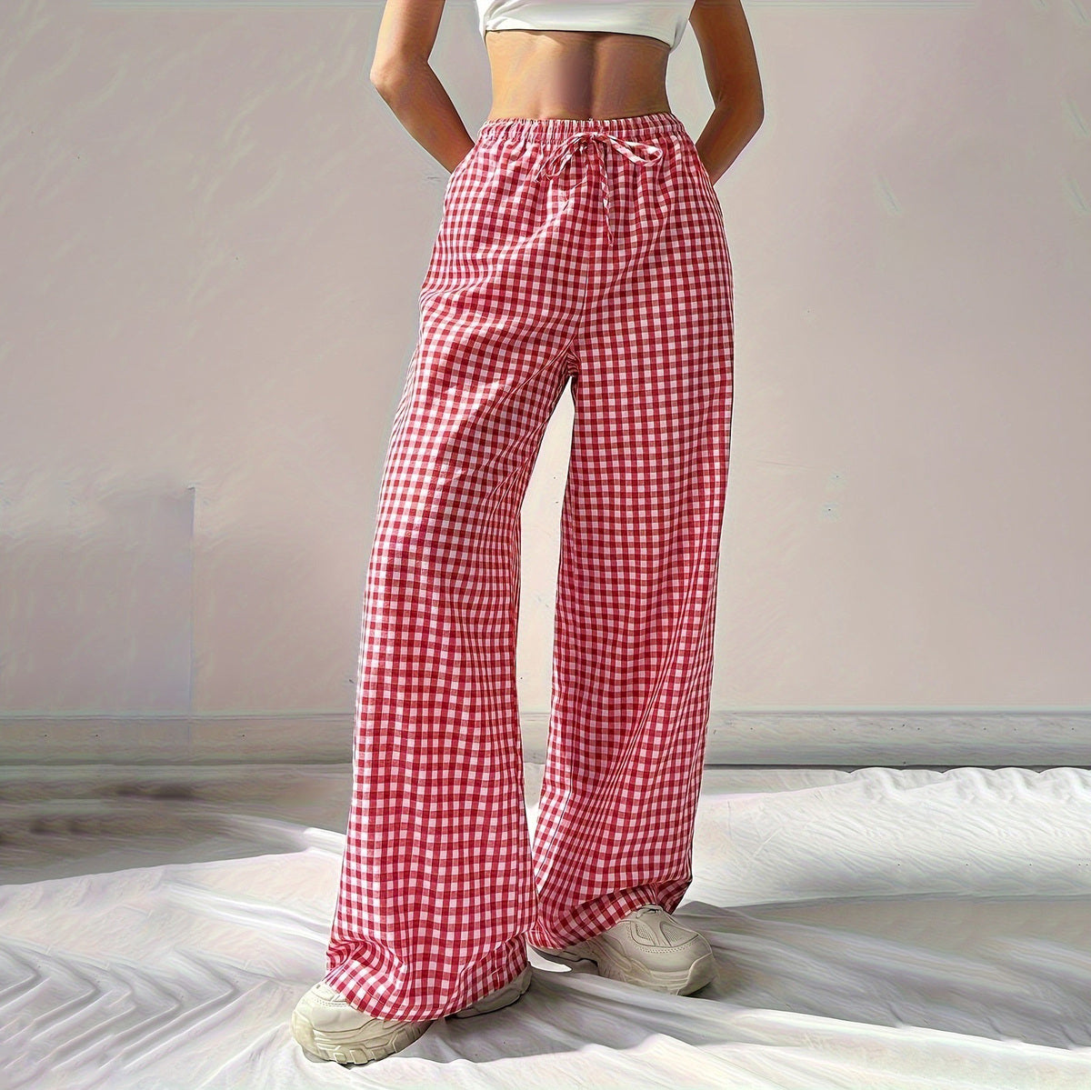 Women Casual Loose Pink Plaid Lace-Up Pants