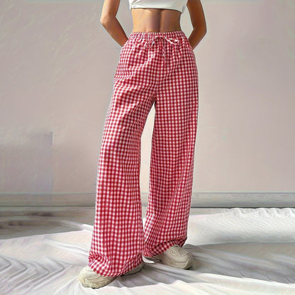 Women Casual Loose Pink Plaid Lace-Up Pants