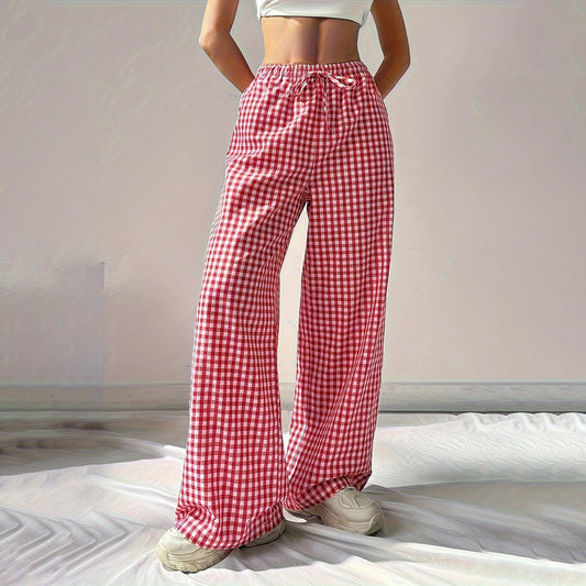Pantalones casuales holgados a cuadros rosas con cordones para mujer