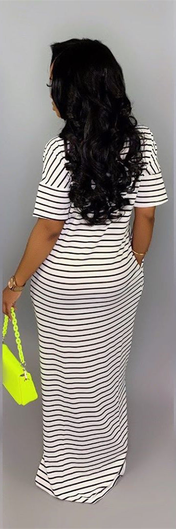 Women Basic Casual Short-sleeved Color Blocking Stripe Maxi Dress