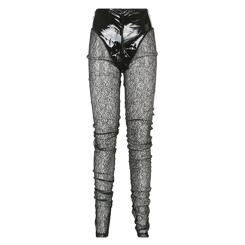 Women Clothes Shiny PU Leather Style Pencil Pant Patchwork See-Through Sexy Casual Long Trousers