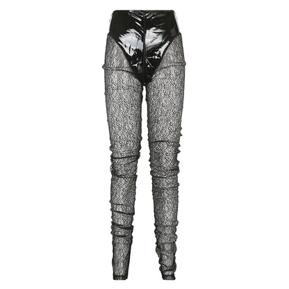 Women Clothes Shiny PU Leather Style Pencil Pant Patchwork See-Through Sexy Casual Long Trousers