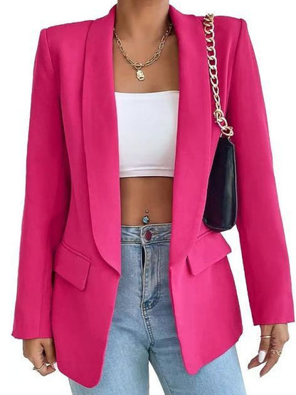 Chaqueta blazer informal de manga larga con solapa de color liso para mujer